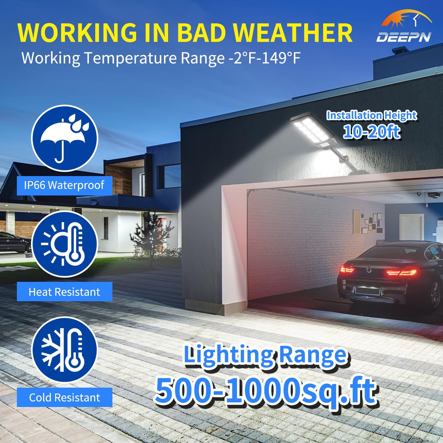 Solar Lights Outdoor, IP66 Waterproof Street Lights Outdoor, 6500K Dusk to Dawn Solar Security Flood Lights Motion Sensor with Remote Control for Yard, Entryway Garage, Porch 4 Pack
