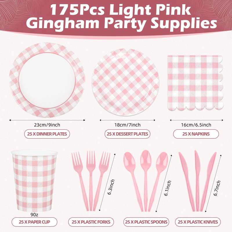 175Pcs Pink Gingham Party Supplies Pink Gingham Paper Plates and Napkins Cups Checkered Plates Disposable LightPink and White Plaid Party Decor for Birthday Family Fall Picnic BBQ,Serves 25 Guests
