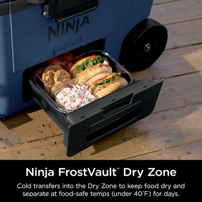 Ninja | Cooler | FrostVault 45QT Cooler with Wheels | Insulated with Temp Dry Storage Drawer | Keeps Ice Cold for Days | for the Beach, Camping, Picnics & More | Lakeshore Blue | FB245BL