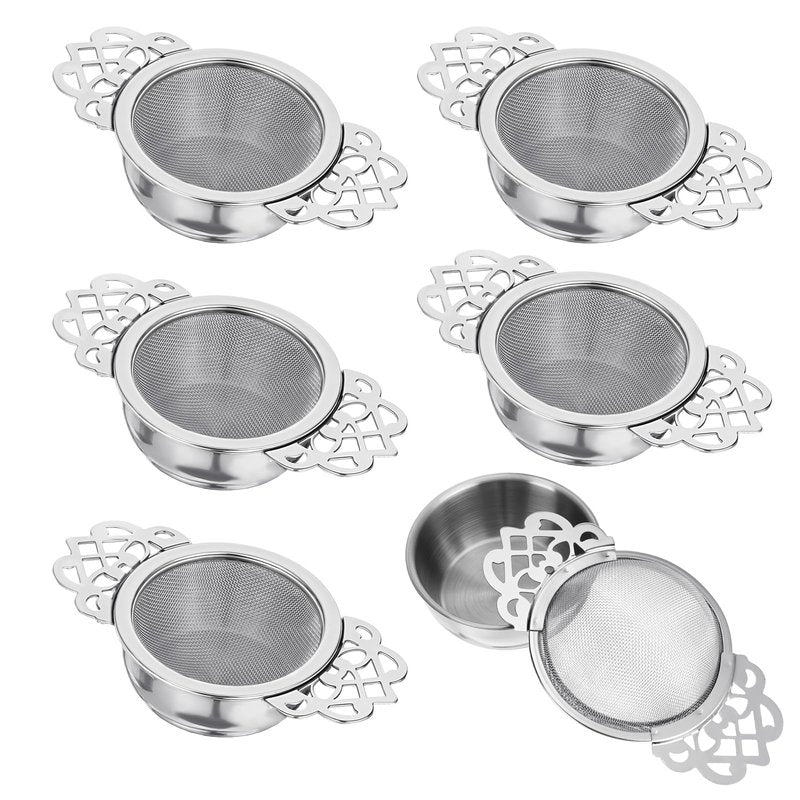 6 Pack Tea Filter Strainers Stainless Steel Loose Tea Infusers 2.5 Inch Tea Steeper with Double Wing Extender and Drip Bowl Sliver Small Fine Mesh Tea Strainers for Loose Tea Juice Coffee Filter