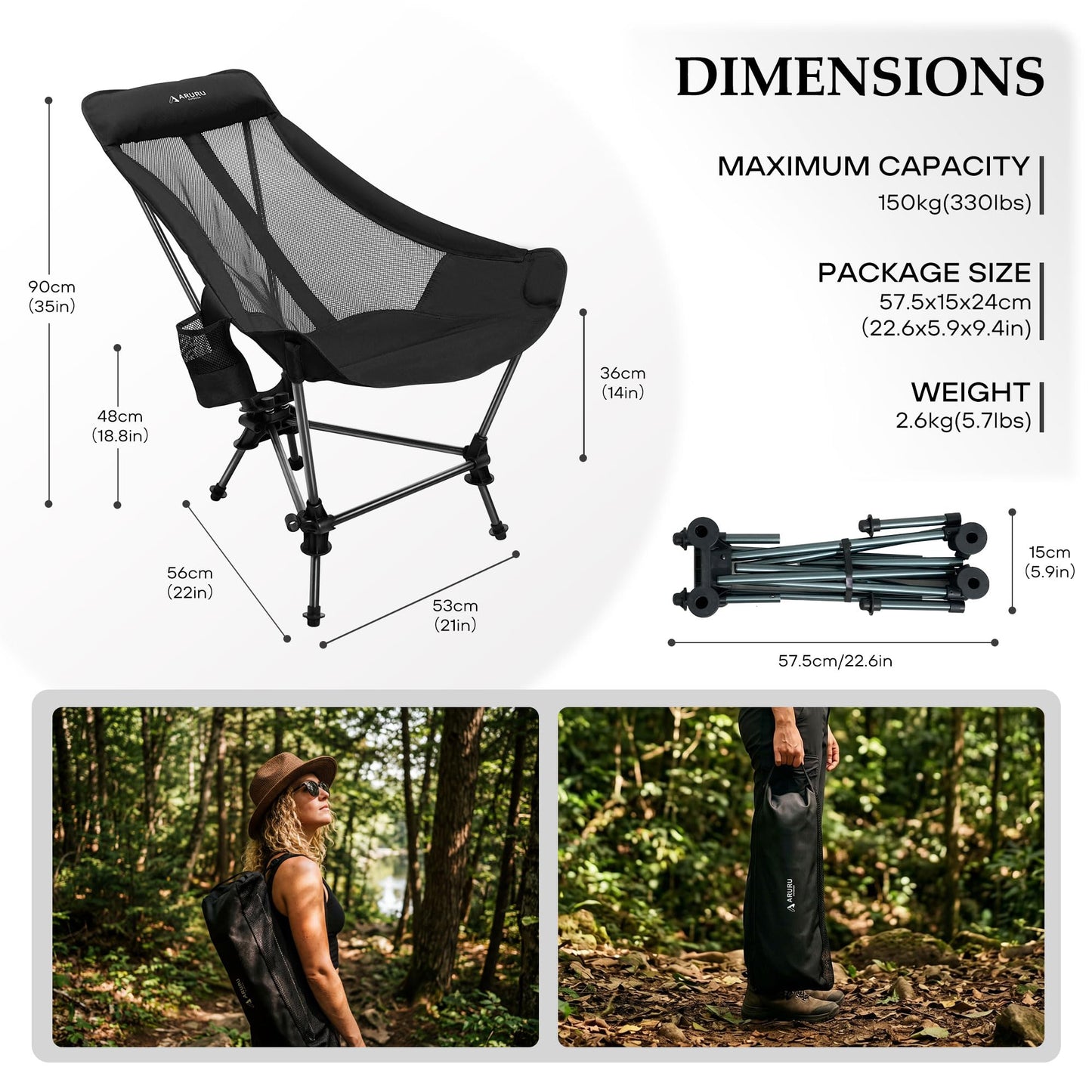 ARURU Hammock Camping Chair, Lightweight Folding Beach Lounge Chair with Adjustable Height Legs, Mesh Portable Swing Camp Chair with Cushioned Head Pillow & Armrests for Camping Beach Hiking
