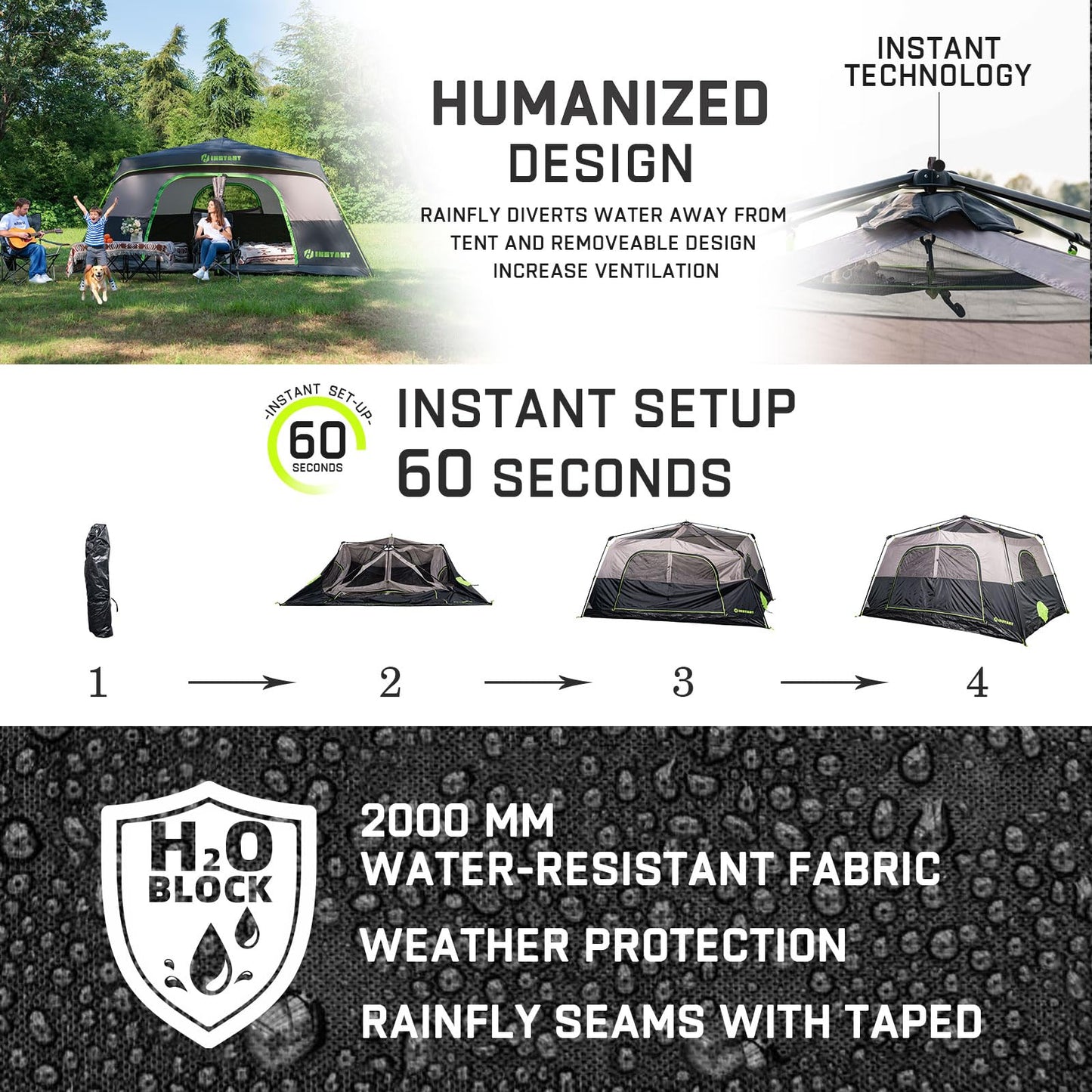 HINSTANT 4/6/8/10 Person Instant Tent, Waterproof Pop Up Tents for Camping with Rainfly, 60 Seconds Easy Setup, Automatic Cabin Tent for Family Camping with Expandable Carry Bag & Upgraded Ventilation
