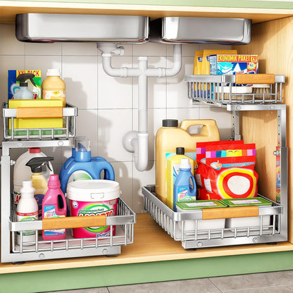 Skiennix Under Sink Organizer - Stainless Steel 2-Tier Storage Rack | Pull-Out Cabinet Shelf for Kitchen & Bathroom