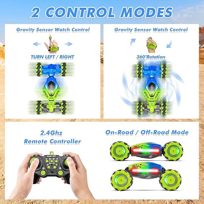Gesture RC Car 2.4GHz 4WD Gesture Sensing RC Stunt Car Toys for 6-12 Years Old Boys Girls Hand Controlled Remote Drift Twist Offroad 360° Rotation with Lights Music for Birthday Gifts