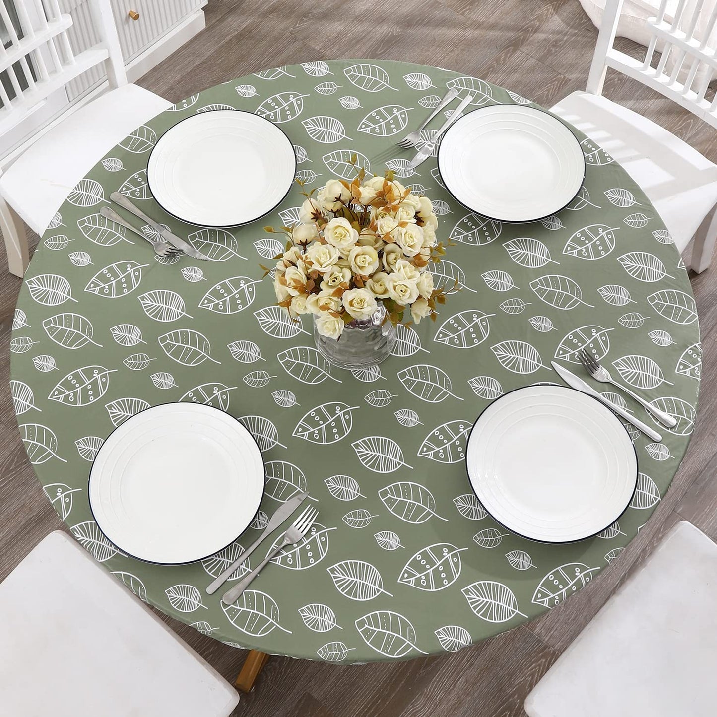 WALRUS Round Vinyl Fitted Tablecloth with Flannel Backing Elastic Edge Design Table Cover Waterproof Oil-Proof PVC Table Cloth Stain-Resistant Wipeable for Round Table, Round Tablecloth