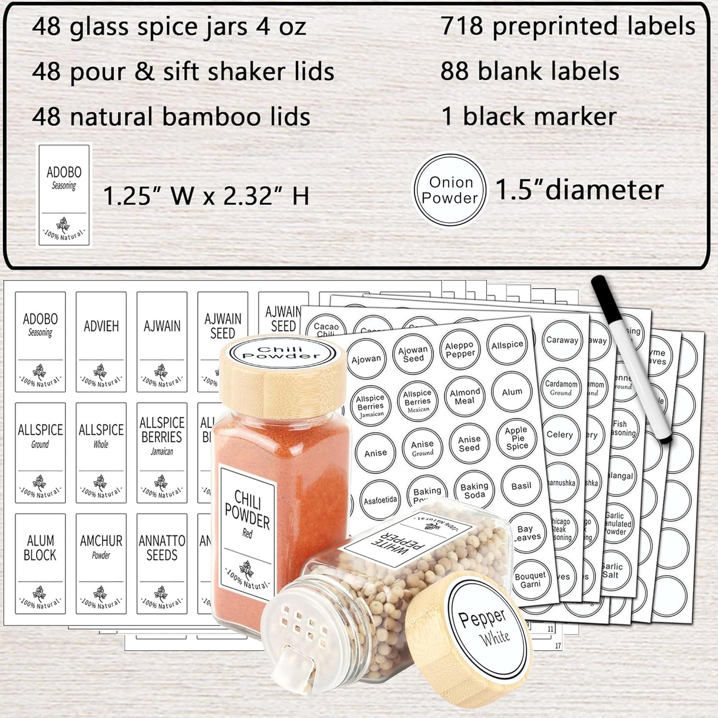 SWOMMOLY 48 Glass Spice Jars with 806 White Spice Labels, Square Spice Bottles 4 oz Empty Spice Containers with Bamboo Lids, Chalk Marker and Funnel Complete Set.