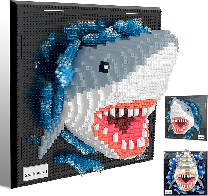 Mini Building Blocks Set Shark Mural - 3D Cute Animal Wall Art Shark Craft Kit Micro Mini Block Bricks Creative Ideals Building Toy Collectible Architecture Decoration Party Favor for Adult 2166PCS