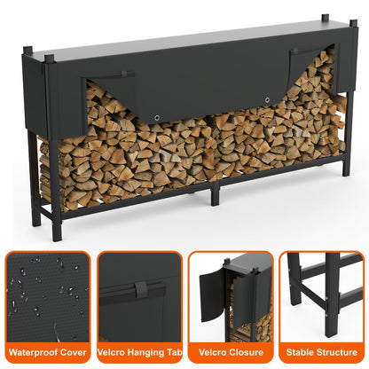 WALMANN Heavy-Duty 8 ft Firewood Rack with Waterproof Cover & Firewood Carry Bag, Outdoor Indoor Wood Log Holder for Fireplace, Patio & Porch, Sturdy Steel Fire Wood Storage Stand