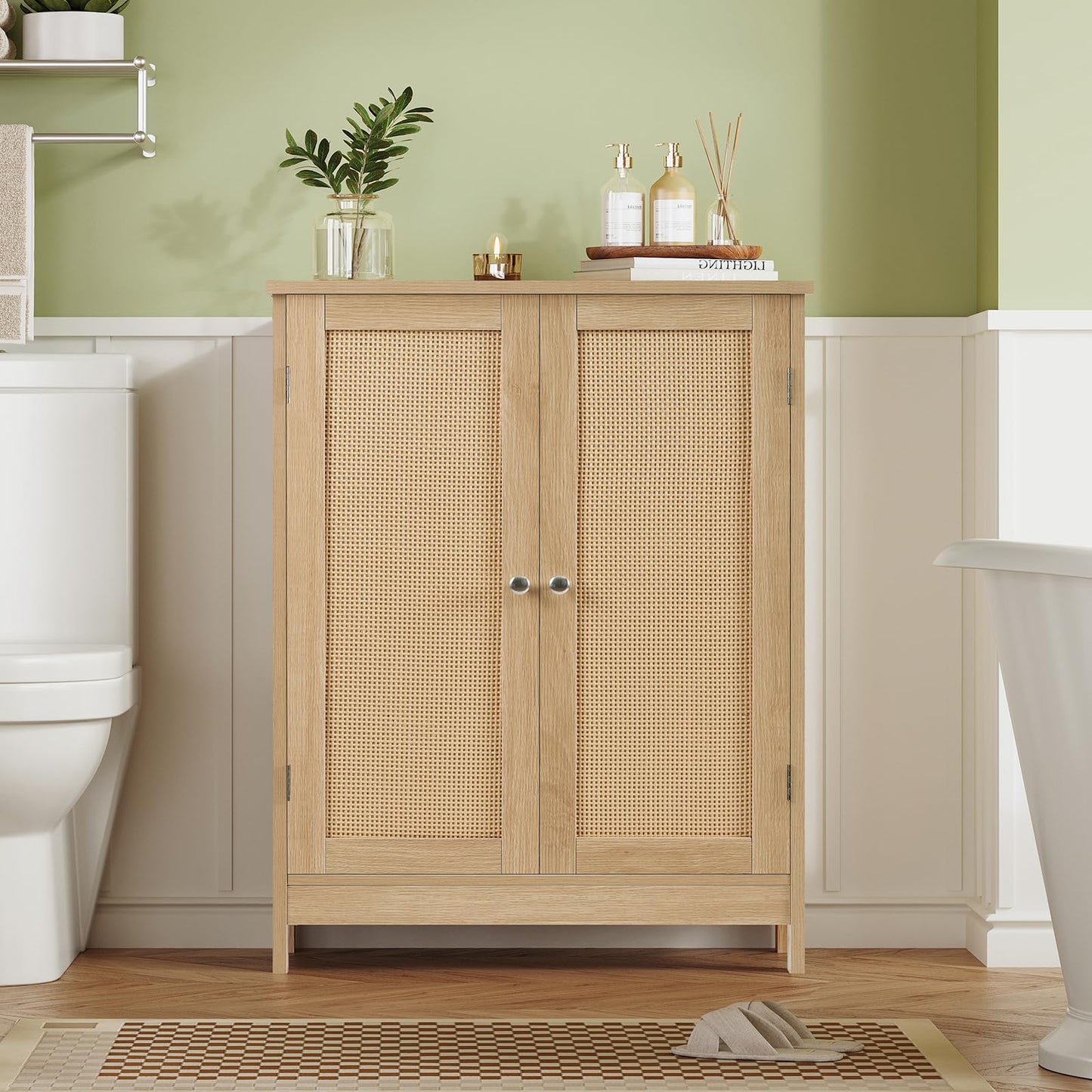Iwell Storage Cabinet, Rattan Cabinet with Adjustable Shelf, for Living Room, Entryway, Kitchen, Home Office, Nature