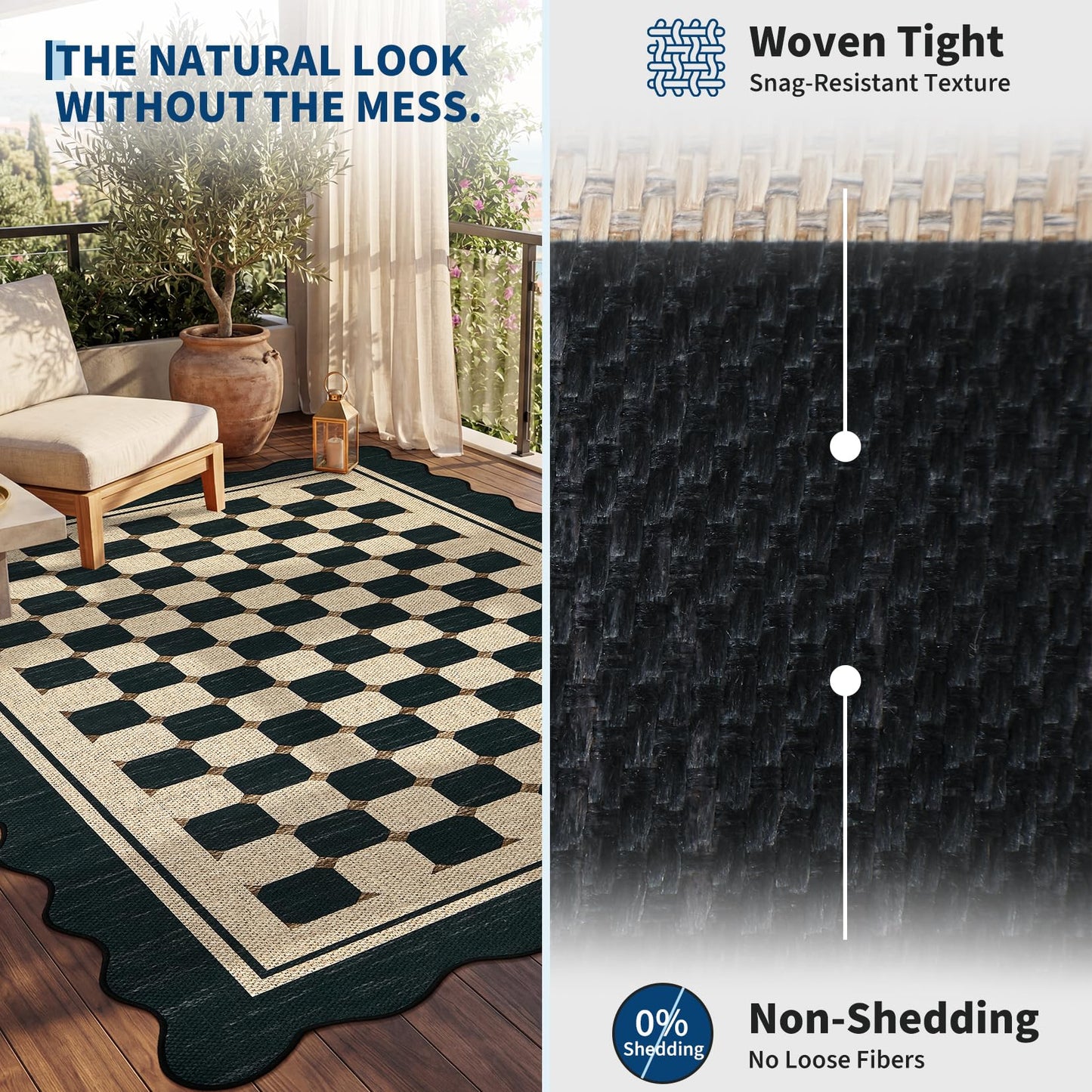Garvee Easy Jute 9x12 Large Area Rug for Living Room Scalloped Checkered Black Indoor Outdoor Rugs Non Slip Low Pile Patio Outdoor Rugs Washable Carpet for Porch Bedroom Living Room Backyard, 9'x12'