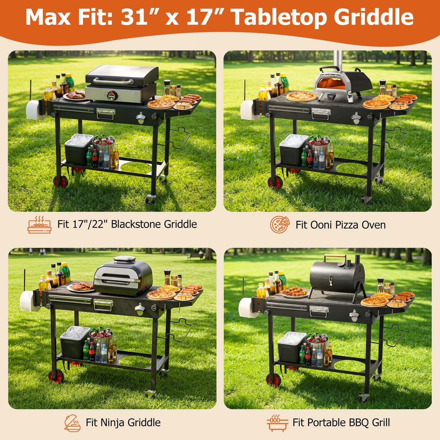Grill Table for Blackstone Griddle - Fit 17”/22” Tabletop Grills Portable Grill Cart with Wheels for Ninja, Foldable Griddle Stand for Outdoor Camping, Backyard, Tailgating