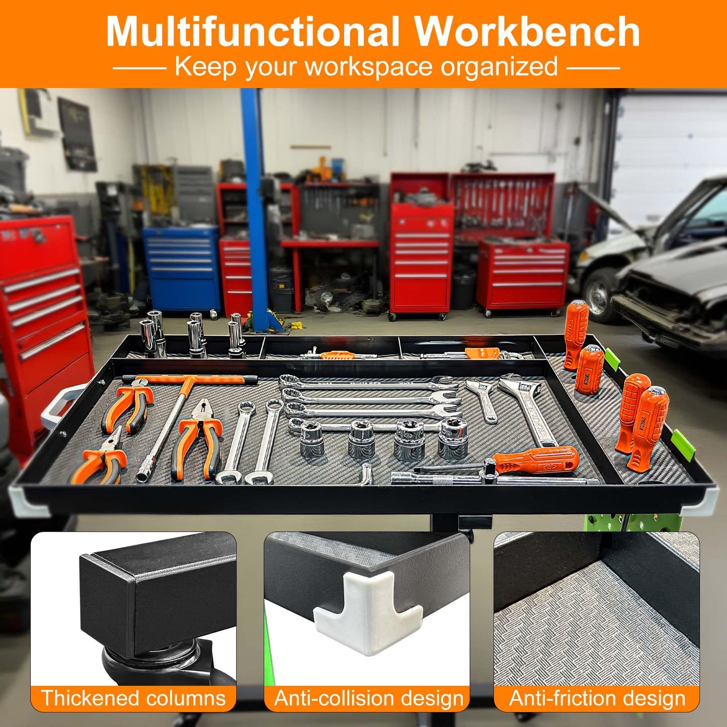 Adjustable Height Mobile Work Table with Rolling Wheels, Rolling Tray Table for Mechanics, Garages, Repair Shops, Warehouse, Workshop, and DIY
