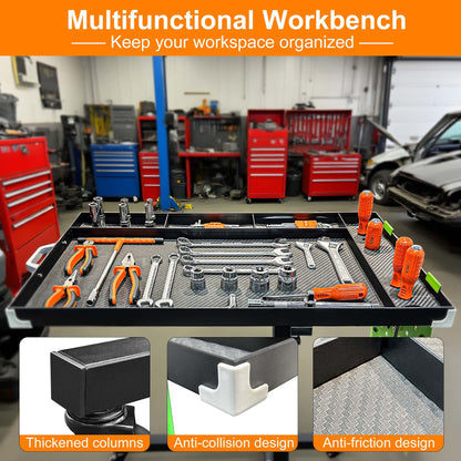 Adjustable Height Mobile Work Table with Rolling Wheels, Rolling Tray Table for Mechanics, Garages, Repair Shops, Warehouse, Workshop, and DIY