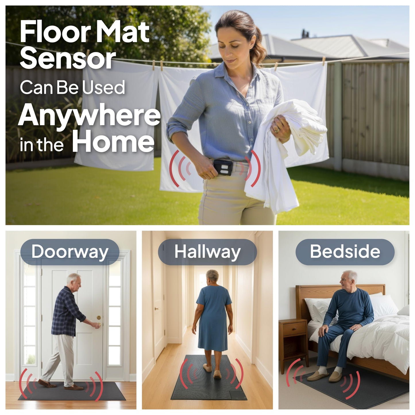 Smart Caregiver Floor Mat Alarm and Pager System - Includes Wireless Pager That Alerts When Someone Steps on The Durable 24in x 48in Floor Mat Sensor