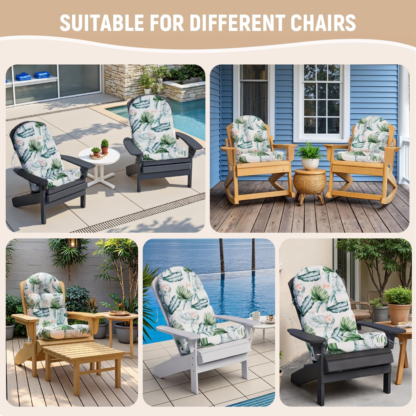 Sannwsg Adirondack Chair Cushion Set of 4, Rocking Chair Cushions, High Back Patio Cushions, Thickened Weather Resistant Patio Cushion with 6 Ties, Non Slip Fade & Waterproof