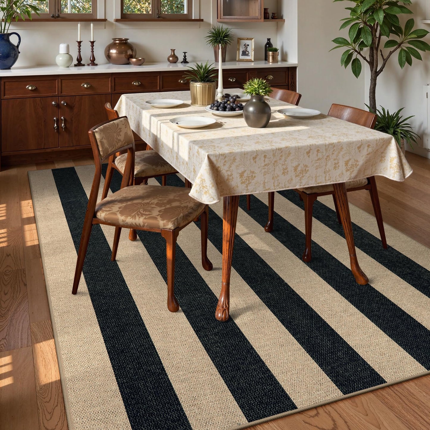 Lahome Elance Striped Easy Jute Dining Room Rug, 6x9 Indoor Outdoor Rugs for Patio Living Room, Farmhouse Neutral Non Slip Low Pile Black Carpet for Bedroom Office Backyard Classroom