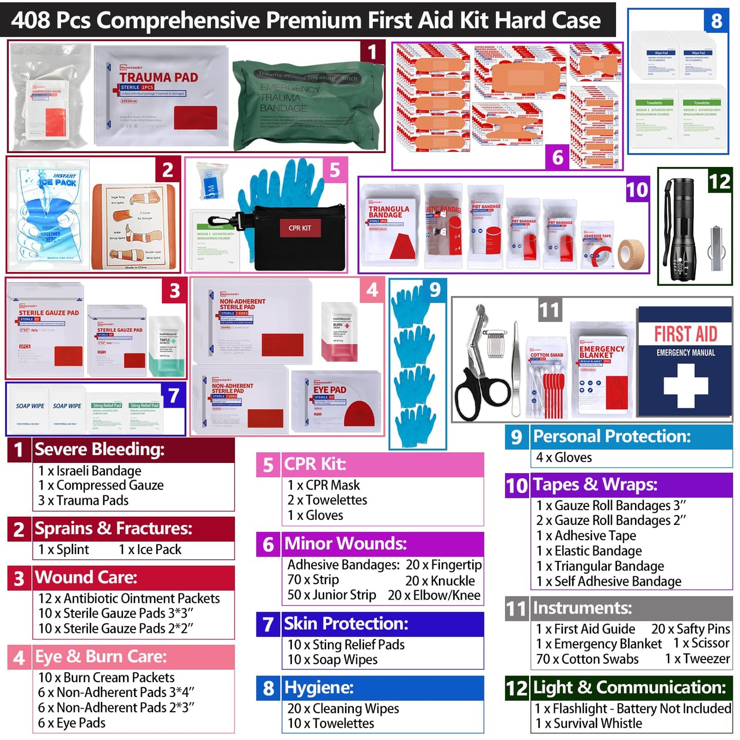 Hard Case First Aid Kit 408 Pcs - Wall Mountable Trauma Kit for Car, Home, Office & Truck - Comprehensive Large First Aid Supplies with Color-Coded Labelled Compartments