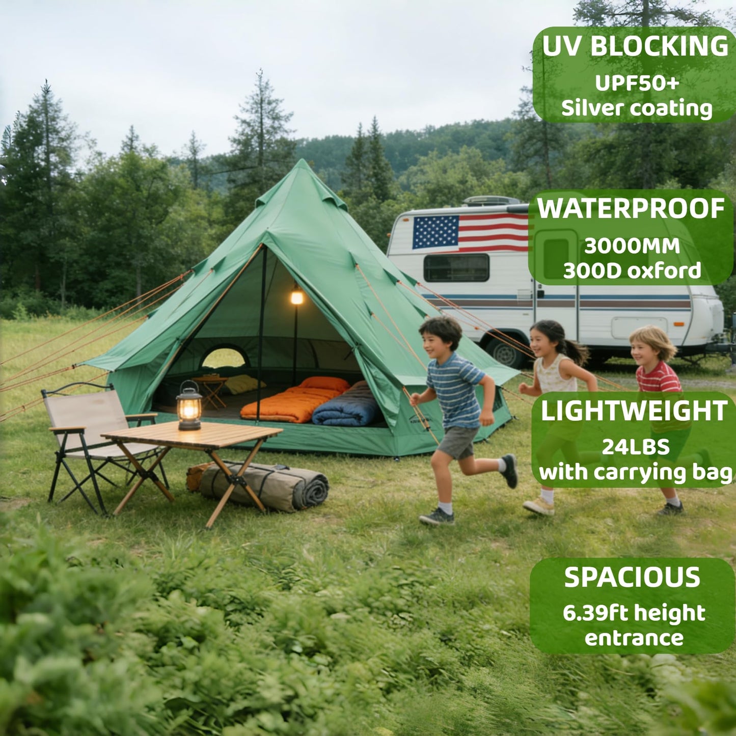 DANCHEL OUTDOOR B1 Portable Yurt with Footprint, Waterproof 4-6 Persom Family Camping Bell Tent 300D Oxford Nylon UPF50+ Sun Protection, Green 13ft/4m