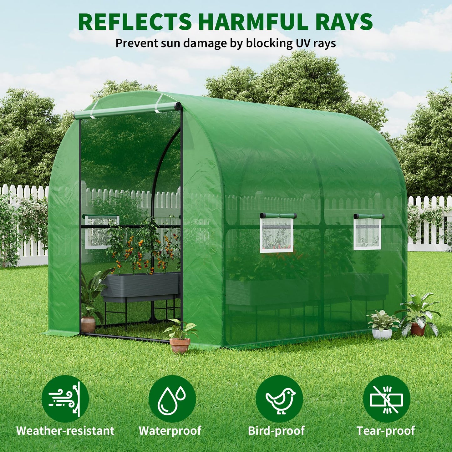 GarveeHome 6.6X8.2x6.6 Tunnel Greenhouses, Heavy Duty Walk-in Greenhouse for Outdoors with PE Cover, Instant Pop-Up Sturdy Metal Frame Hoop House with Zippered Roll-Up Door &4 Ventilated Mesh Windows