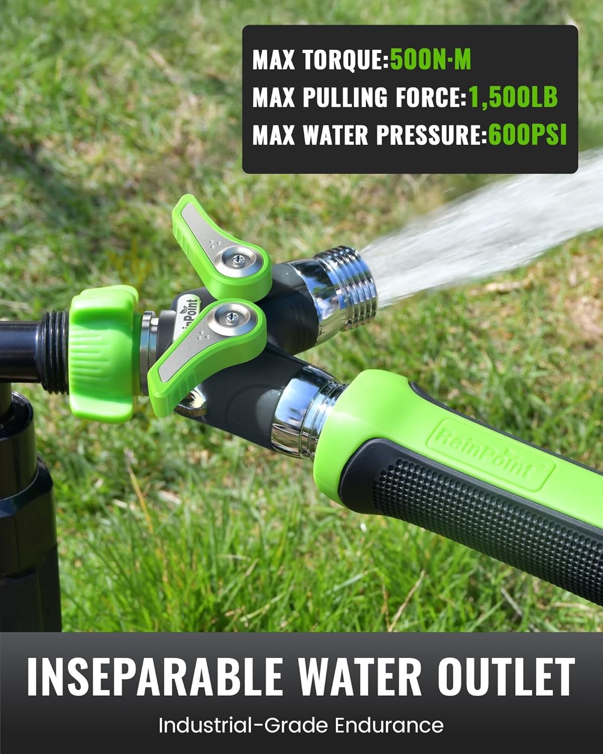RAINPOINT Garden Hose Splitter - 2 Way Heavy Duty Y Spigot with Shutoff Valves & Metal Handle | 3/4" GHT Thread, Green