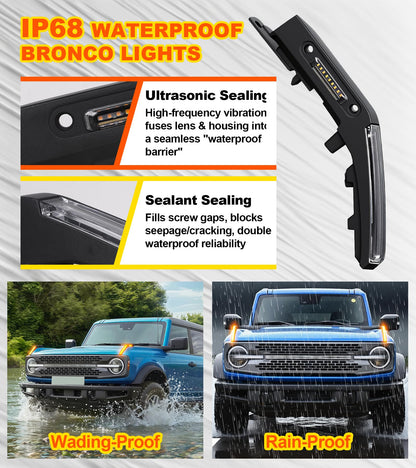 LED Hood Handle Trail Sight Lights for Ford Bronco 2021 2022 2023 2024 2025 2026 Accessories Fog Light Kit Marker Lighting Bar (Amber DRL with Side Markers)