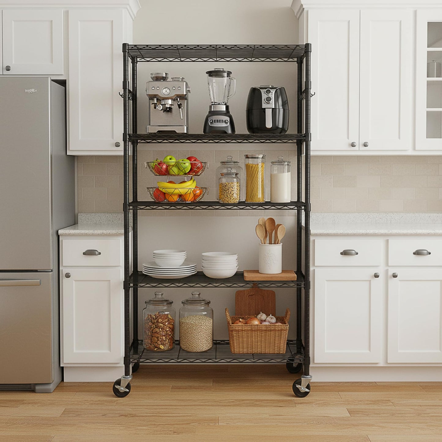 Folews 5 Tier Storage Shelves with Wheels - Adjustable Wire Shelving Unit Metal Shelves for Storage Rolling Utility Shelf Organizer Rack for Kitchen Garage Pantry Closet Laundry(14D x 36W x 75H)