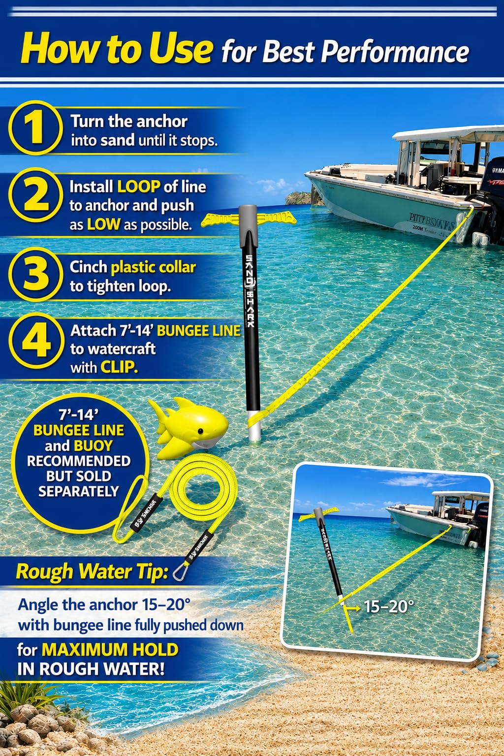 SandShark Patent Pending Supersport 3.0 Boat Anchor - Shallow Water Anchor Pole - Great Jet Ski, PWC, Pontoon Boat Accessories for Beach and Sandbar - Adjusts 29"-48" w/Case