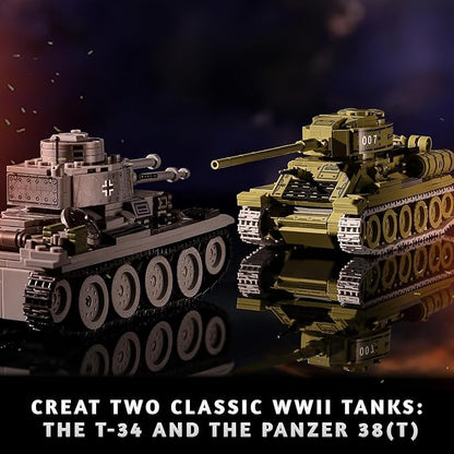 WW2 Army Tanks Toy Building Sets (1008 Pieces) Compatible with Lego Create a Soviet T-34 &amp German Panzer 38(t) Tank Great Military Model Toys Gift for Boys Kids and Teens Age 8+