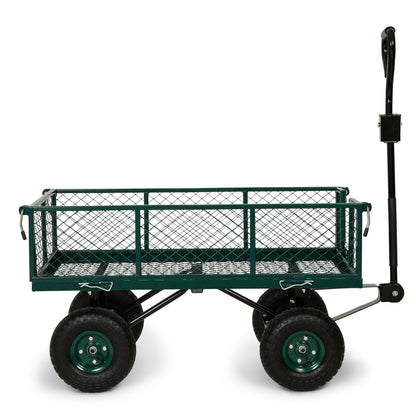 Backyard Expressions Heavy Duty Garden Cart 600 lb, 38" x 20" Steel Bed Utility Wagon with Removable Mesh Sides, Powder-Coated Frame, 10" Pneumatic Wheels, Pull Handle Yard/Lawn Hauler