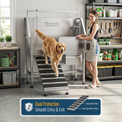 46" Heavy Duty Dog Washing Station - 304 Stainless Steel Pet Bathing Tub with Left Side Ramp, Elevated Grooming Sink with Storage Drawer & Removable Floor Grate, Outdoor Ready for Large & Medium Dogs