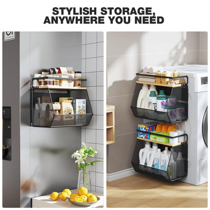 Magnetic Shelf for Fridge with Wide & Thick Magnet, 1 Pack Refrigerator Organizer Basket with Bamboo Top, Storage for Fruit, Potato, Onion, Kitchen, Pantry, Laundry (Black, 13.8" x 6.8" x 11.8")