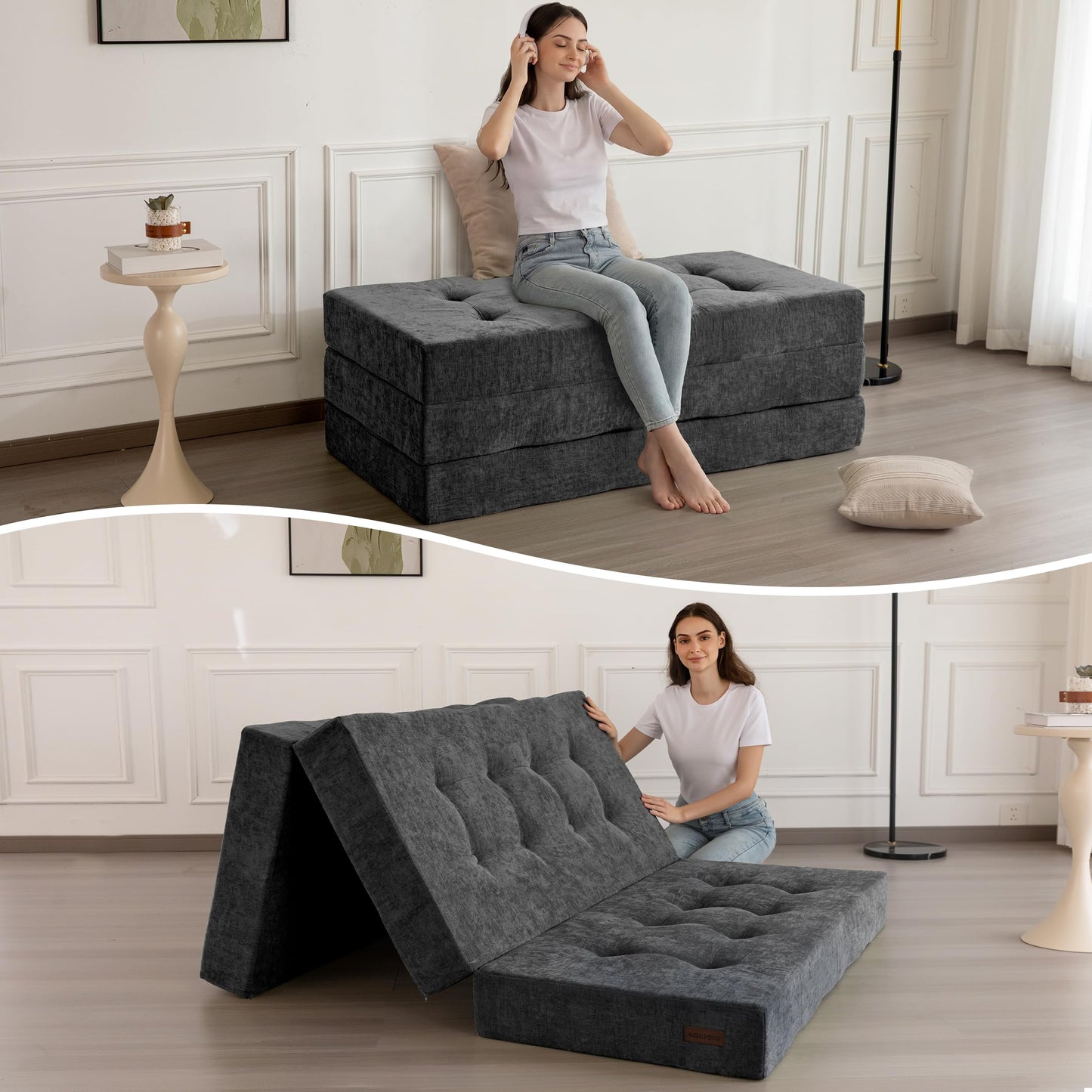 MAXYOYO 6" Folding Sofa Bed for Floor, Tufted Tri-Fold Floor Couch Bed with Chenille Fabric, Full Size Portable Sofa Couch Guest Mat for Adults, Foldable Topper for Camping, Dark Grey, 53"x75"
