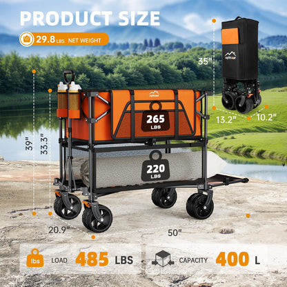 Uyittour Foldable 50''L Extra Long Double Decker Wagon for Sport, 400L Collapsible Heavy Duty Wagon Cart with Big Wheels, Utility All-Terrain Large Extender Cart for Outdoors, Orange