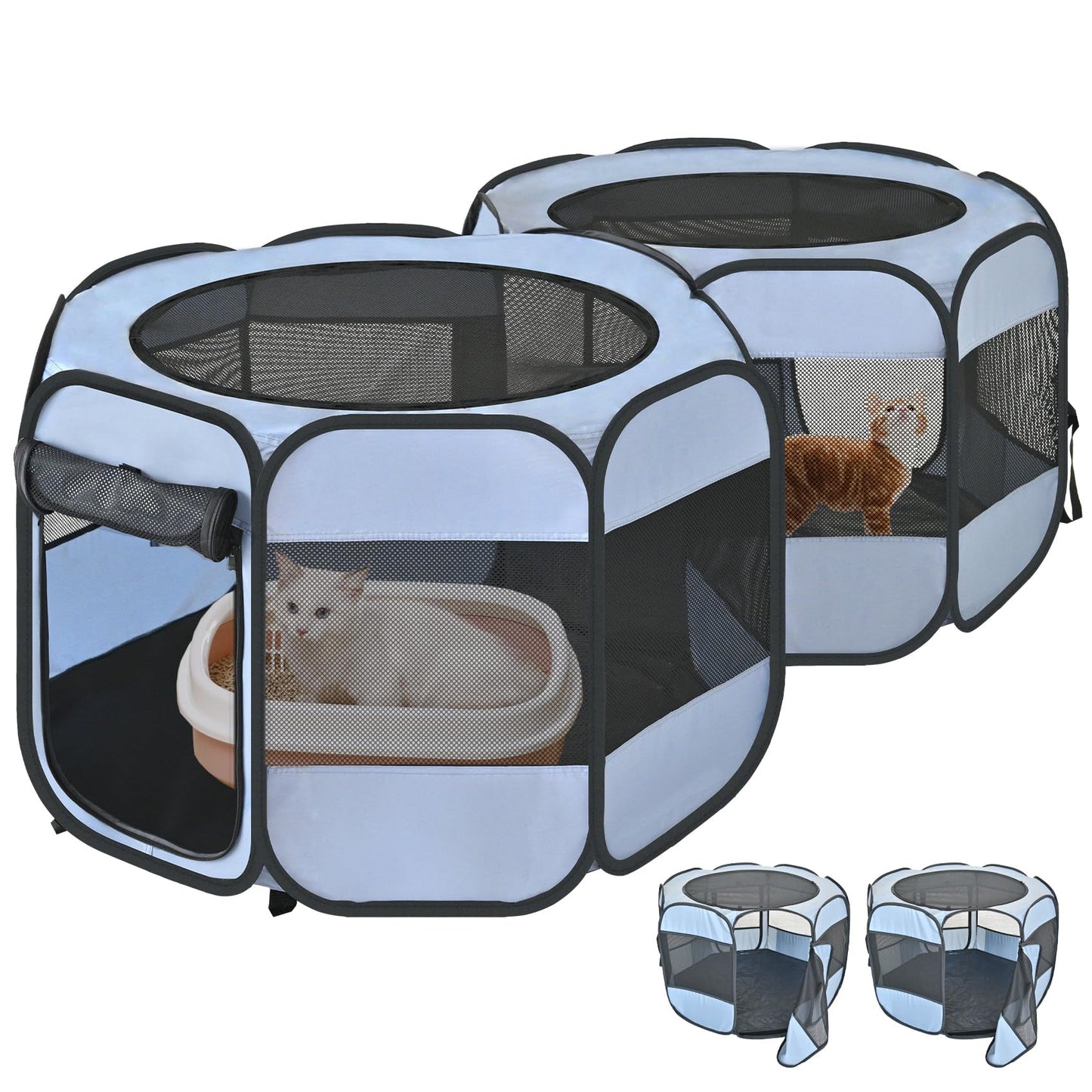 2-in-1 Cat Playpens, Detachable into 2 Separate Playpens with Additional 2 Doors, Portable Dog Playpen Cat Tent Enclosure for Kitten and Puppy Indoor Outdoor Use(M)