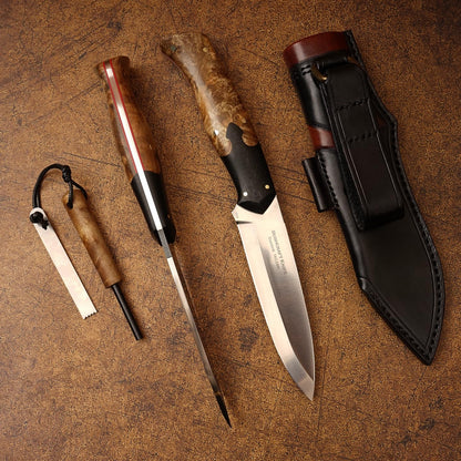 SPIRIT DEED hand forged outdoor camping hunting knife with leather sheath and flint, Sandvik 14C28N steel blade, ergonomic white shadow wood handle