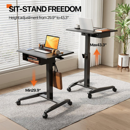 JOY worker Height Adjustable Rolling Laptop Desk with Shelf,Mobile Standing Desk,Pneumatic Mobile Laptop Table with Wheels for Couch Home Office School,Holds Up to 22lbs,Black