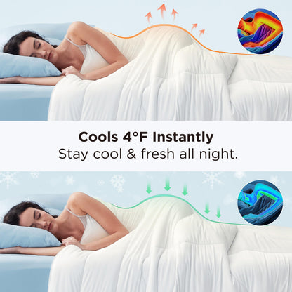 Bedsure Cooling Comforter Bundle Cooling Pillow Cases for Hot Sleepers with Dual-Sided Cool Tech, 2 Pack HA & Ceramides Infused Silky Cooling Pillowcases Soft for Skin & Hair, White, King Size
