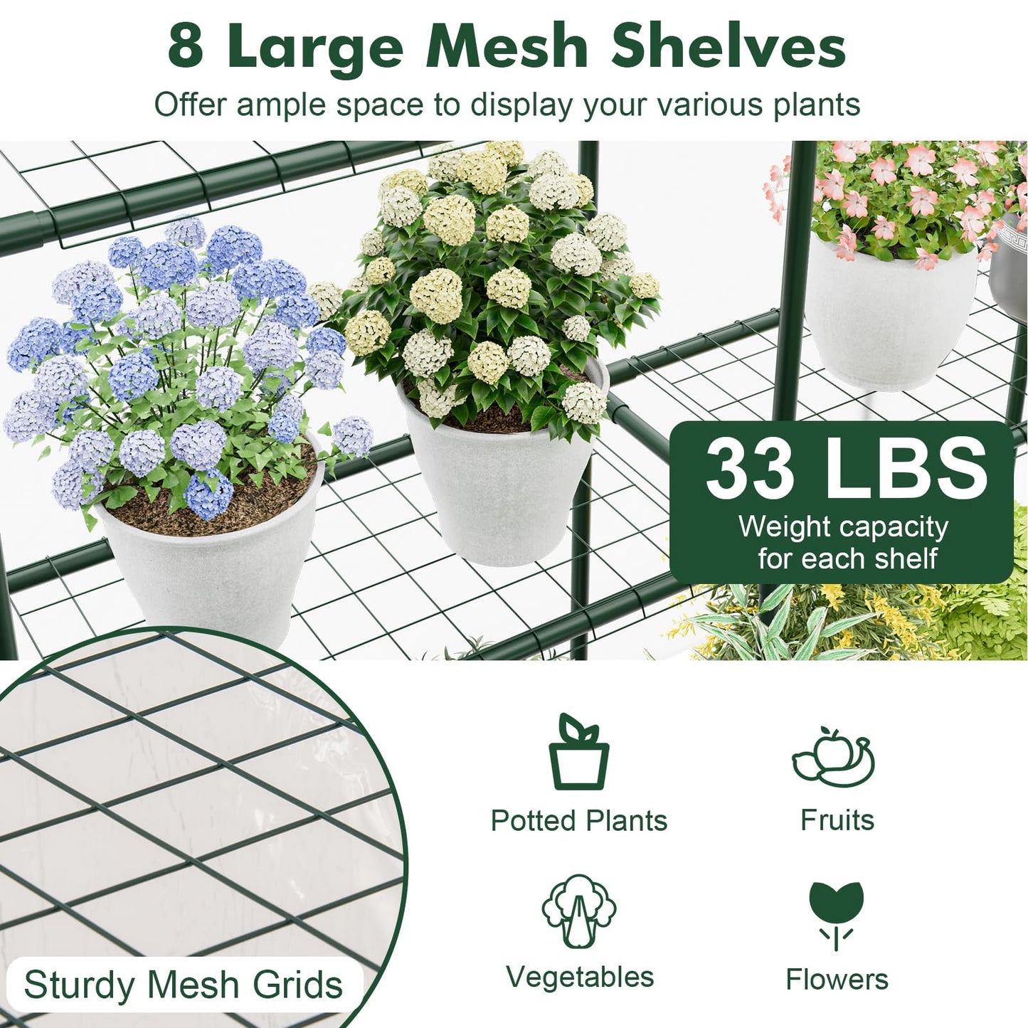 Happygrill Greenhouse, Portable Greenhouses for Outdoors w/8 Shelves, Roll-Up Zippered Door, 2 Observation Windows & 2 Tiers, Weather-Proof PE Cover, Wind Rope (Transparent, 55” x 57” x 77”)