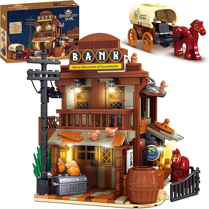 Western Bank Modular Building Set for Adults Wild West Cowboys Cabin with HorsesWagon &amp LED Lights Collection House Set for West Lovers (1299PCS)