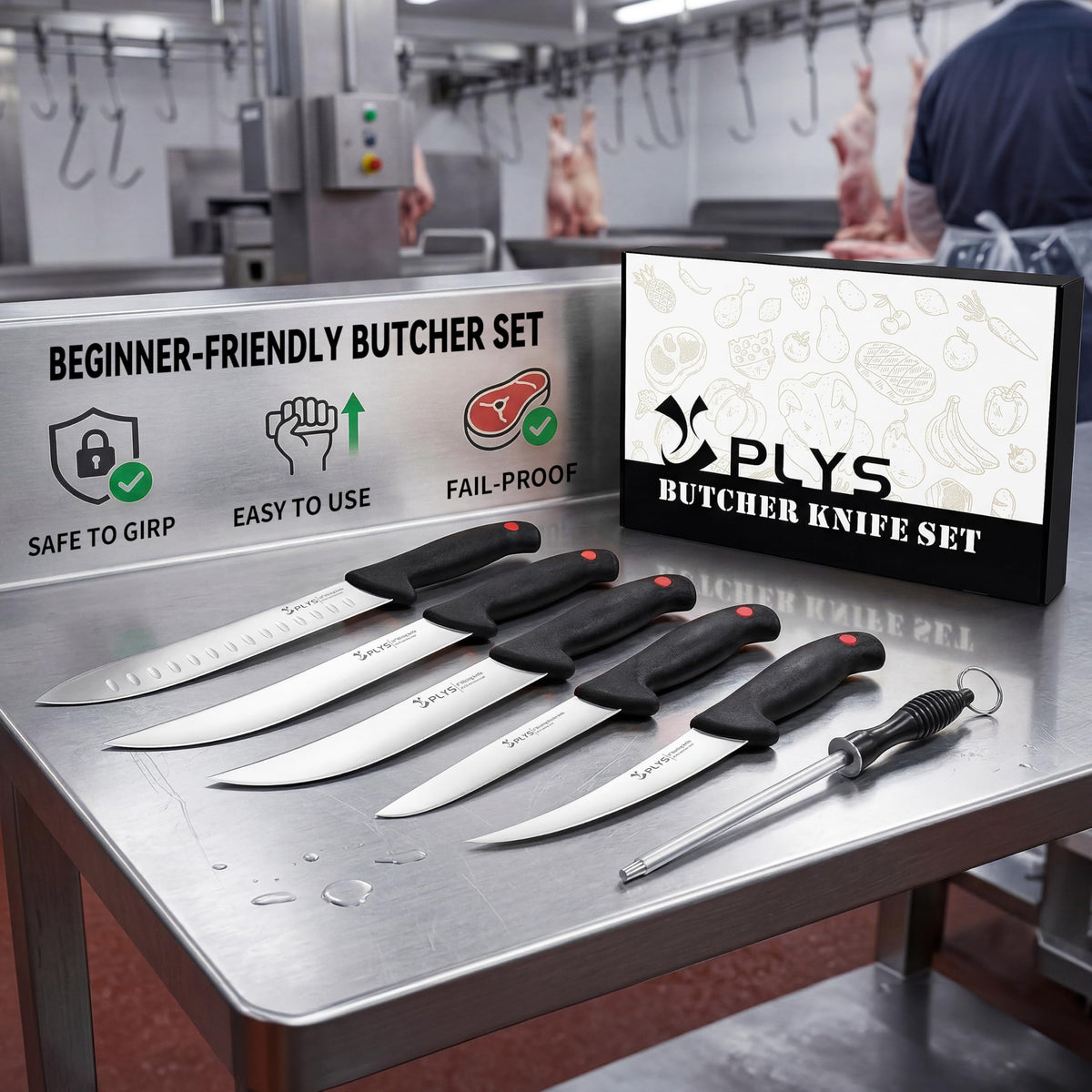 Plys From Prep to Plate: The 7-Piece Butcher Knife Set for Complete Meat & BBQ Mastery Featuring 10" Butcher, 6" Boning/Skinning/Fillet, and 8"/10" Slicing Knives in 4Cr13Mov Steel.