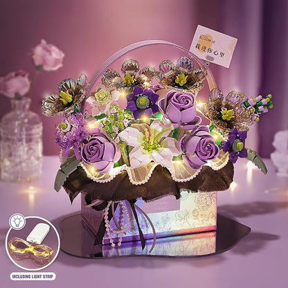 MEIEST Flower Bouquet Building Blocks Model SetSimulation Artificial Rose Handheld Gift BoxBonsai Plant Building Bricks ToysHome Decor (Mist Purple)