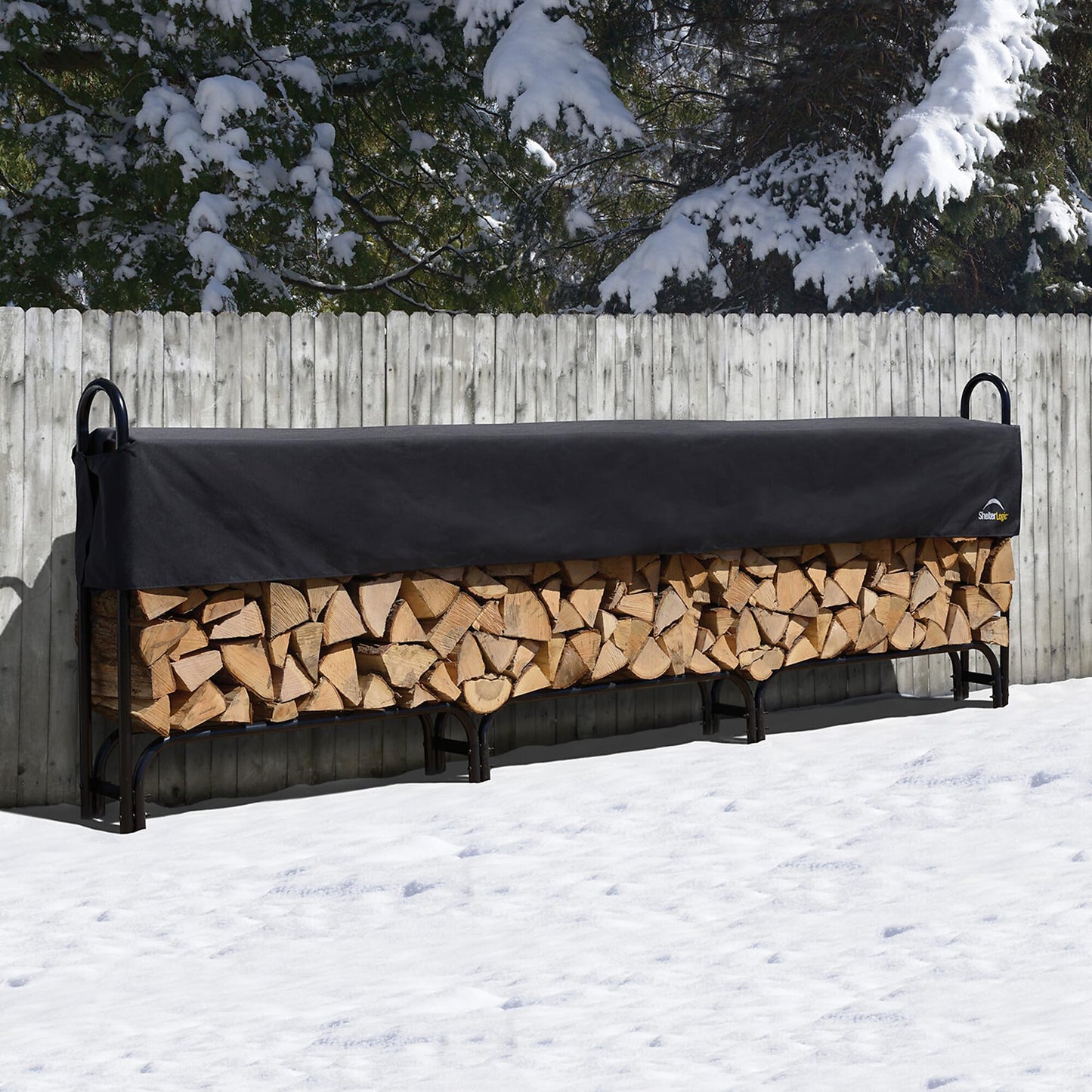 ShelterLogic 12' Adjustable Heavy Duty Outdoor Firewood Rack with Steel Frame Construction and Water-Resistant Cover