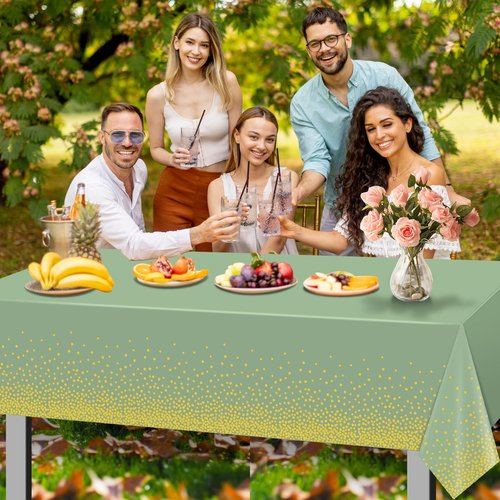FunnyPars 3 Pack Sage Green and Gold Plastic Tablecloth, Green Disposable Table Cloth for Rectangle Tables, Gold Dot Light Green Tablecloth for Baby Shower Birthday Wedding Party Decorations, 54"x108"