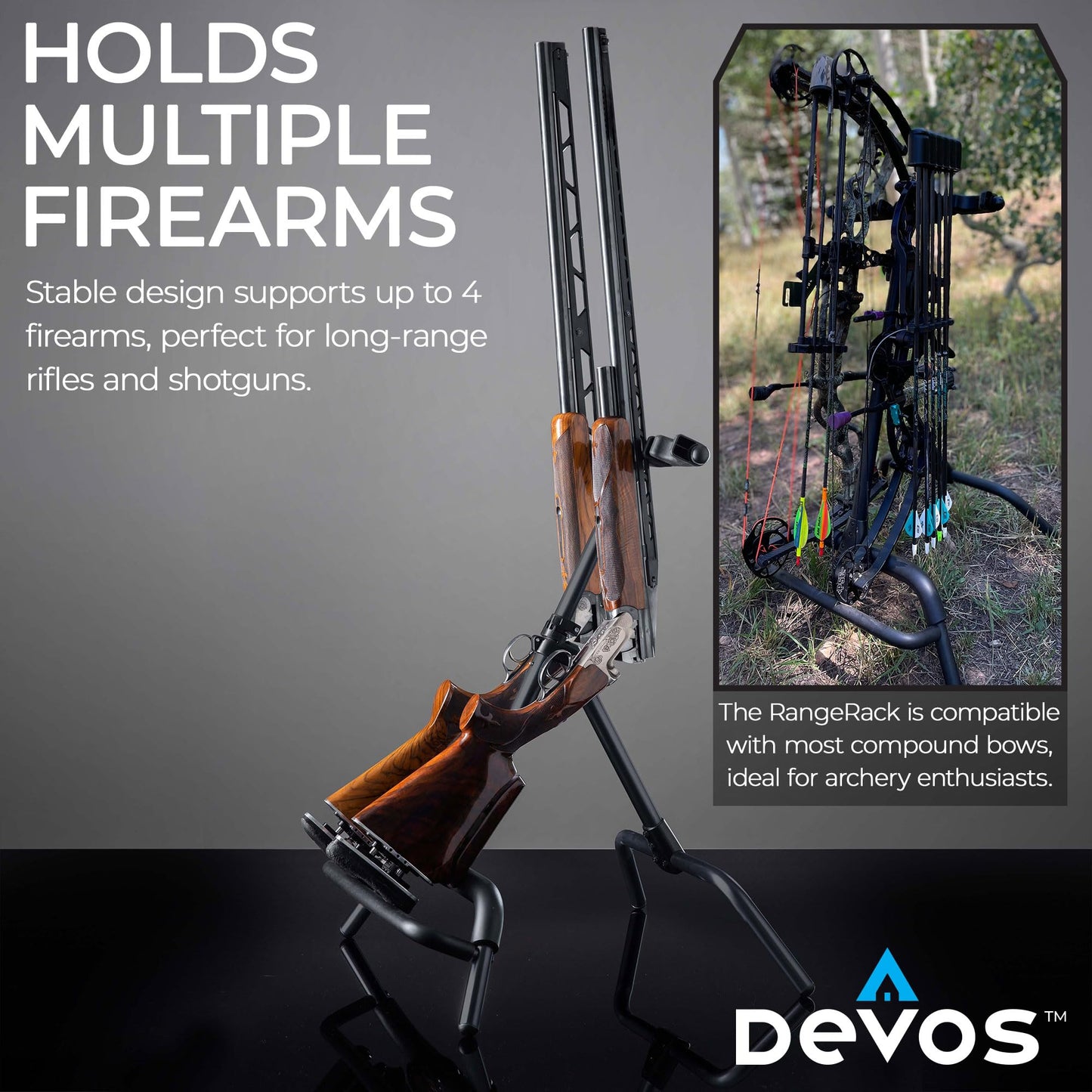 Devos Outdoor RangeRack | Portable Rifle Shotgun and Bow Stand | Ultralight Compact Folding Design | Stable for 1 to 4 Firearms or Compound Bows | Weather Resistant Aluminum Frame