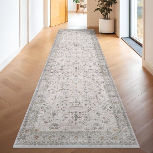 Hazo Haus Boho Hallway Runner - Light Gray & Taupe, Washable, Non-Slip, Stain Resistant 16ft Rug