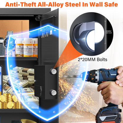 25.6" Tall Fireproof Wall Safes Between the Studs 16" Centers, Hidden Wall Safe with 2 Removable Shelf & Hidden Tray, Heavy Duty Wall Mount Safe for Money, Jewelry, Passport, Valuables