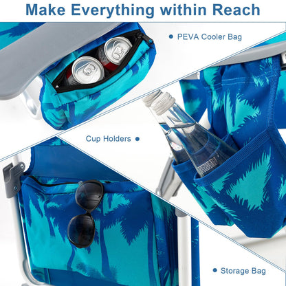 GYMAX Beach Chairs, Backpack Camping Chair with Armrest, Cooler Bag, Cup Holder, Towel Bar & Side Pockets, Sunbath Sling Tanning Lounge, Folding Layout Chair (with Table, Coconut Tree)