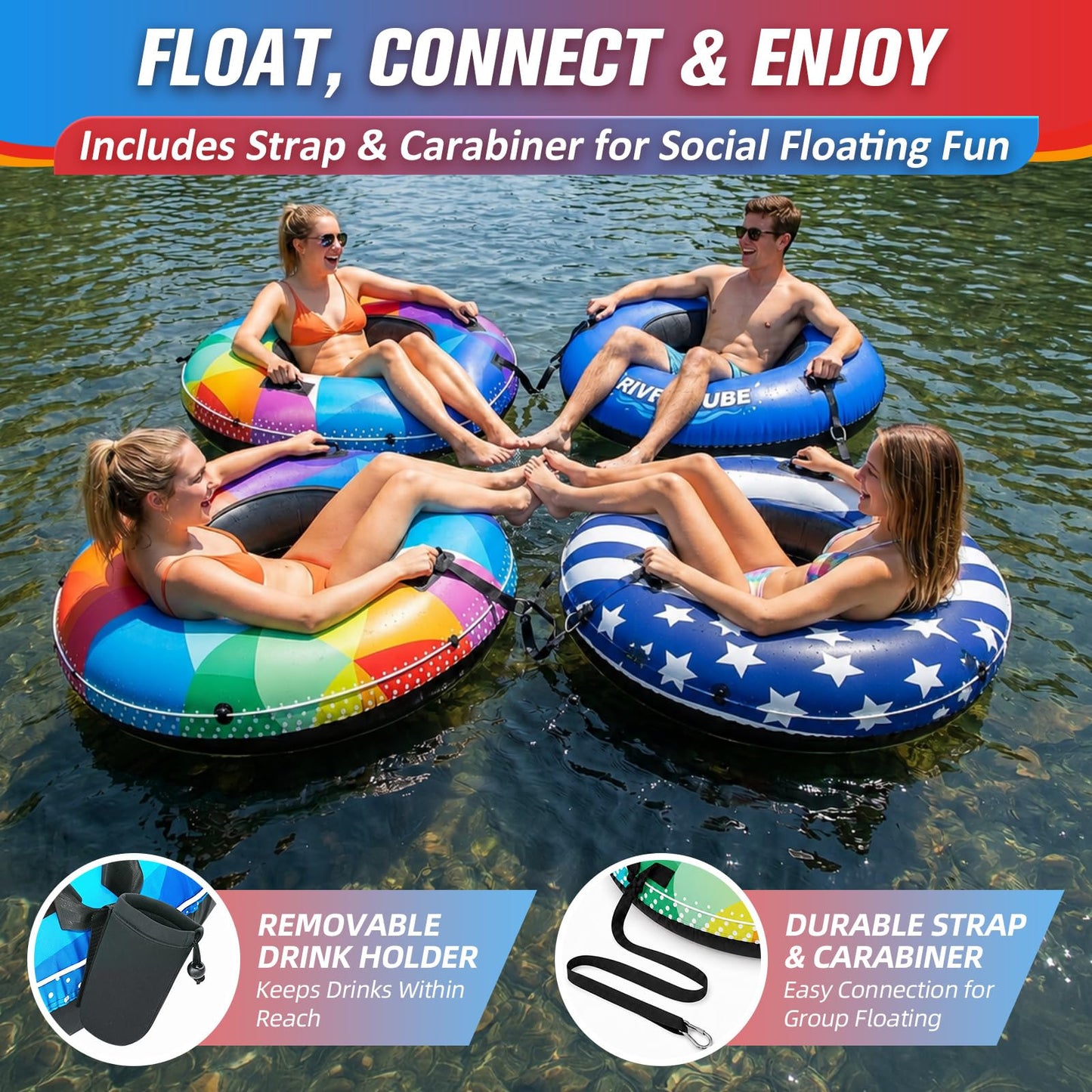 ZEALFEEL River Tube, 48'' Heavy Duty Rubber River Float Tube with Commercial Grade Inner Tube, Premium Canvas Cover, Removable Cup Holder & Tow Strap, Inflatable Tube for Adults Lake Pool Floating