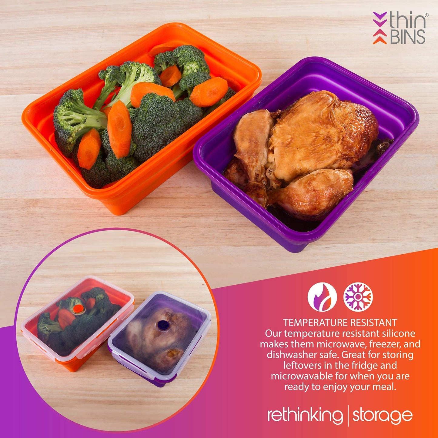 Thin Bins Collapsible Containers Set of 4 Round Silicone Food Storage Containers BPA Free, Microwave, Dishwasher and Freezer Safe - No more cluttered container cabinet! SC-149A