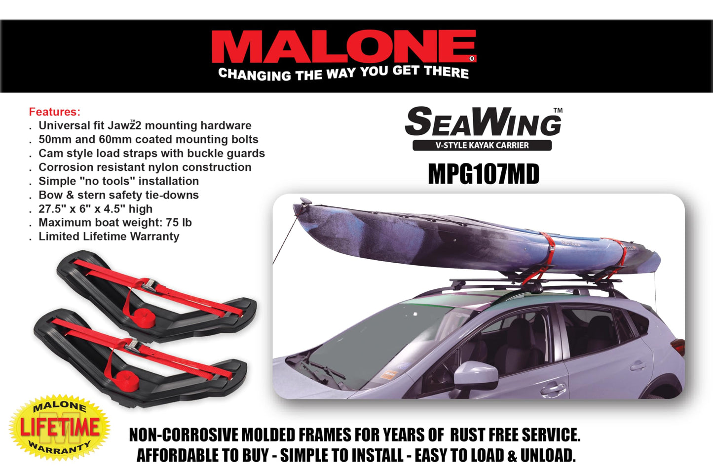 Malone SeaWing Saddle Style Universal Car Roof Rack Kayak Carrier with Bow & Stern Tie-Downs – 70 lb Capacity, V-Style Cradles, No-Tool Install, Jawz Mount, Corrosion-Resistant Nylon